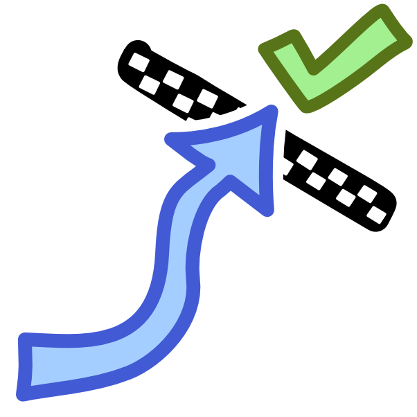 A curvy blue arrow points over a finish line at a green check mark